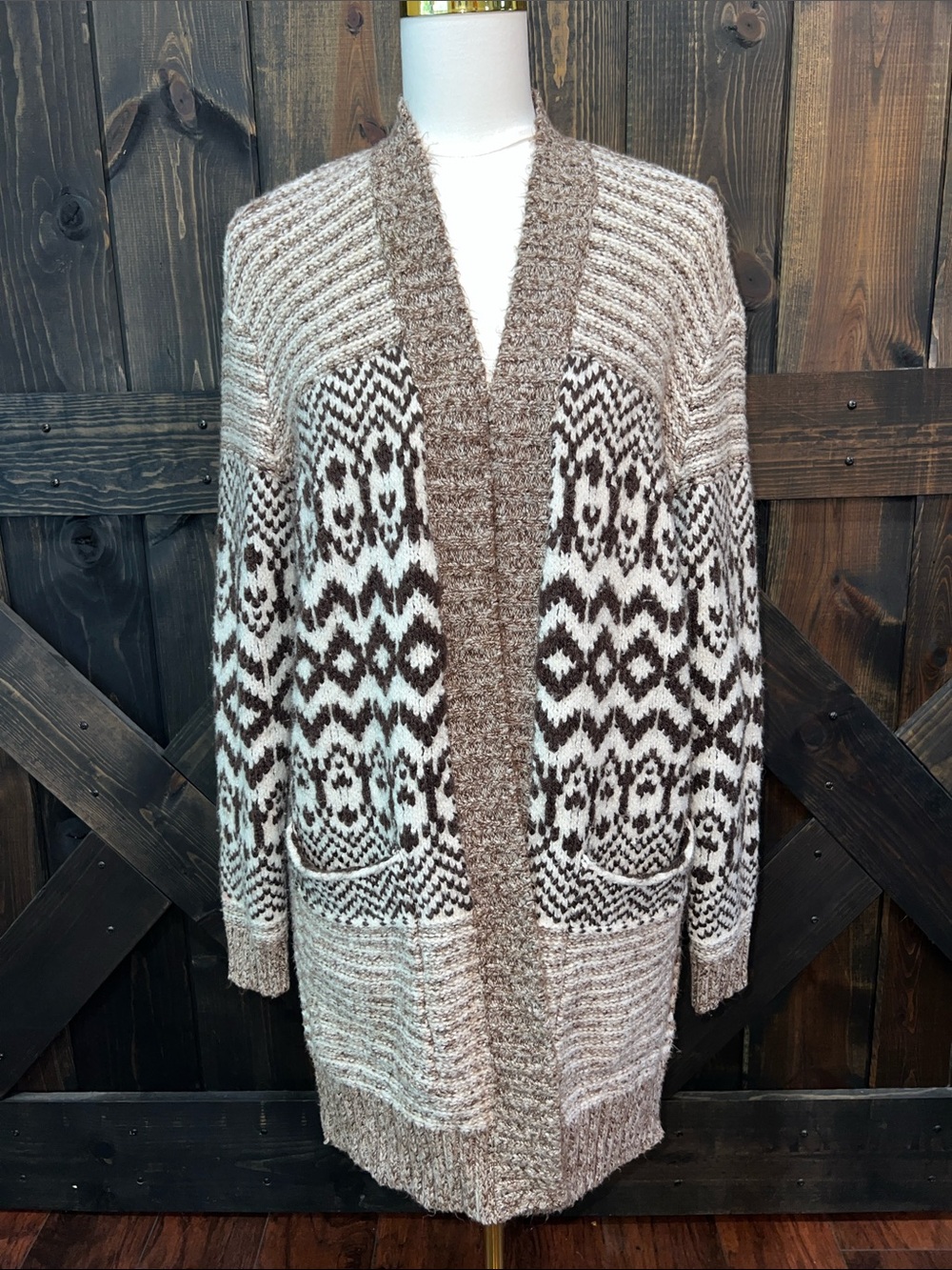 American Eagle Cream Fair Isle Cardigan Sweater L Longline Alpaca Blend Nordic